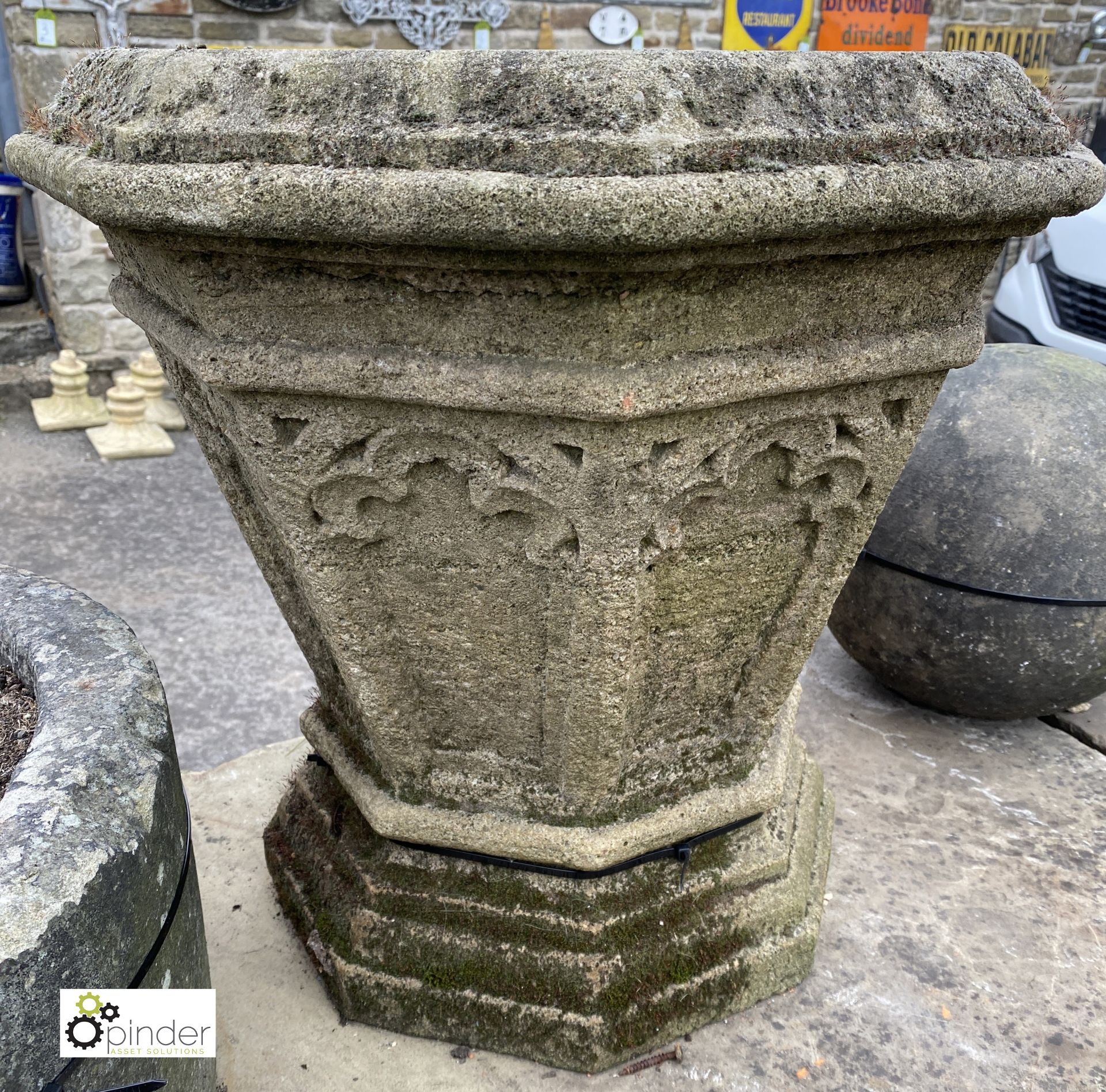 A hand carved Gothic Gritstone Jardiniere, 20in high x 22in diameter - Image 3 of 5