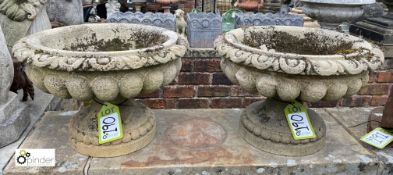 A pair hand carved Yorkshire Gritstone Gadrooned Garden Urns, circa early to mid 1900s, 12in high