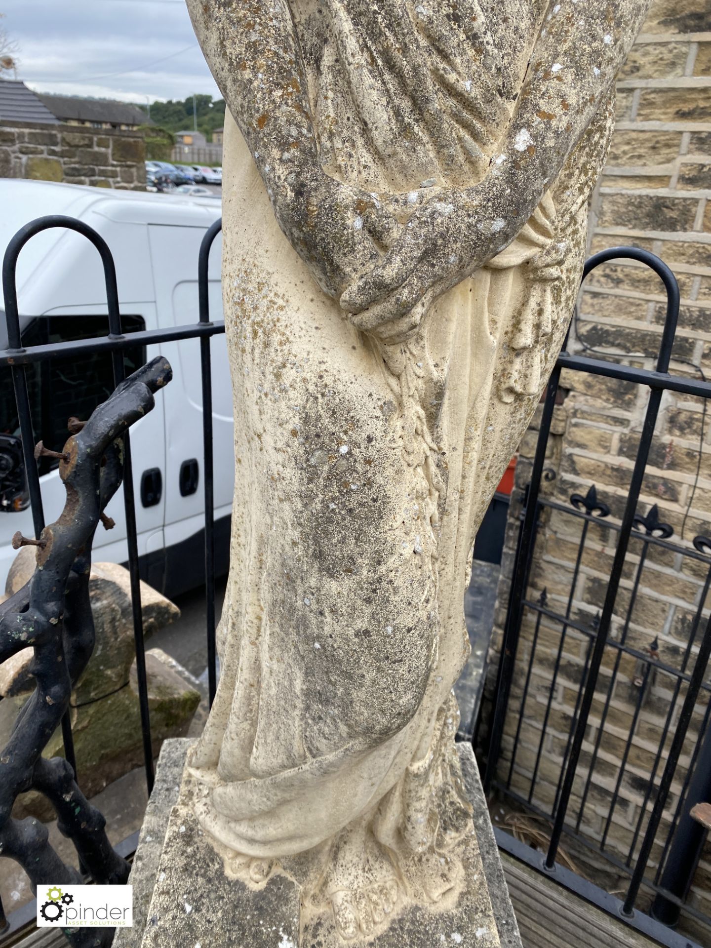 A reconstituted stone Statue on plinth of classical figure ‘Pandora’, 68in high - Image 3 of 6