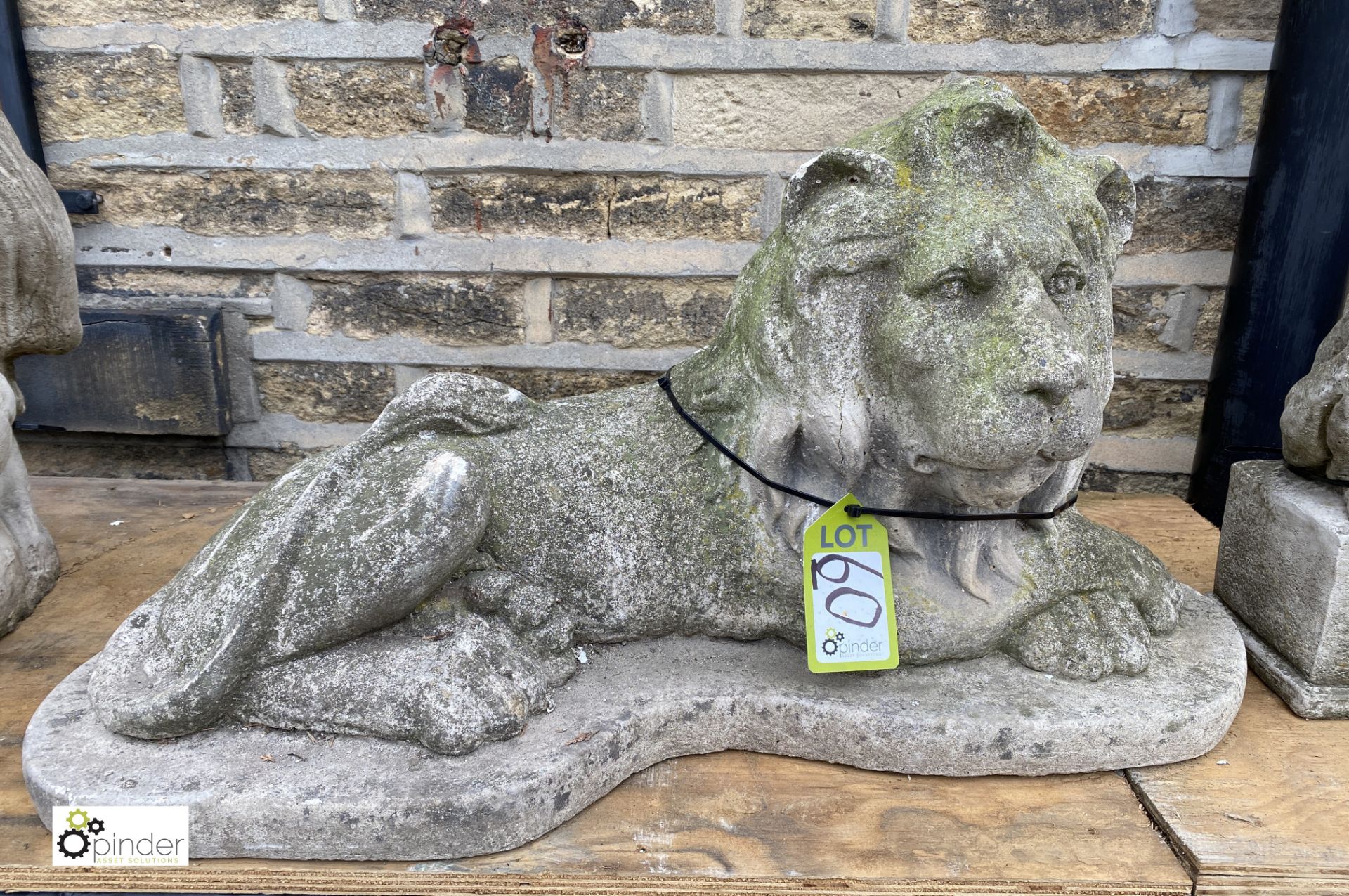 A pair reconstituted recumbent Statue of Lions, on plinths, 18in high x 34in wide - Image 2 of 6