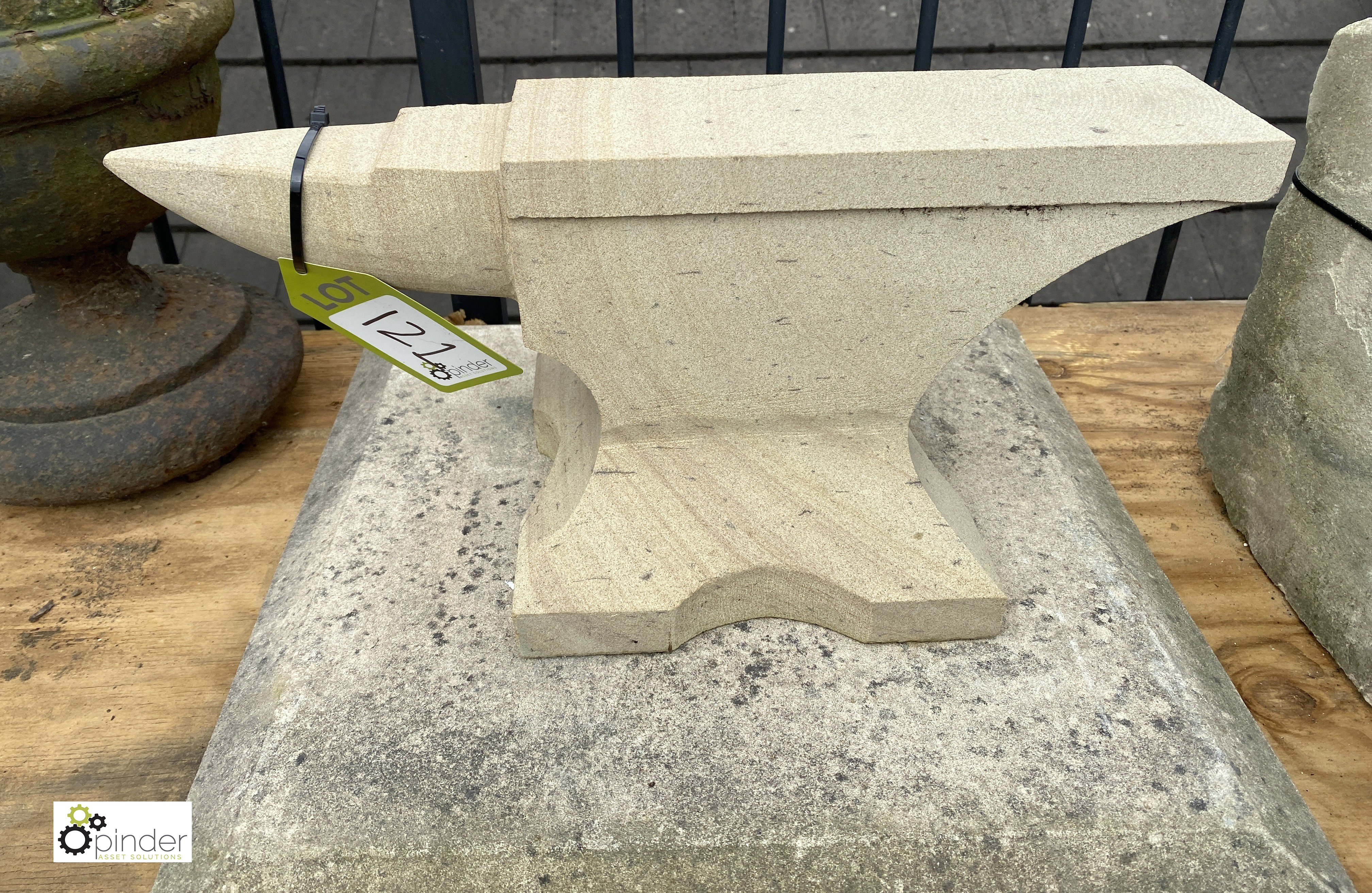 A pair hand carved Yorkshire Stone Anvil Pier Caps on plinths, 12in high x 19in x 19in - Image 5 of 6