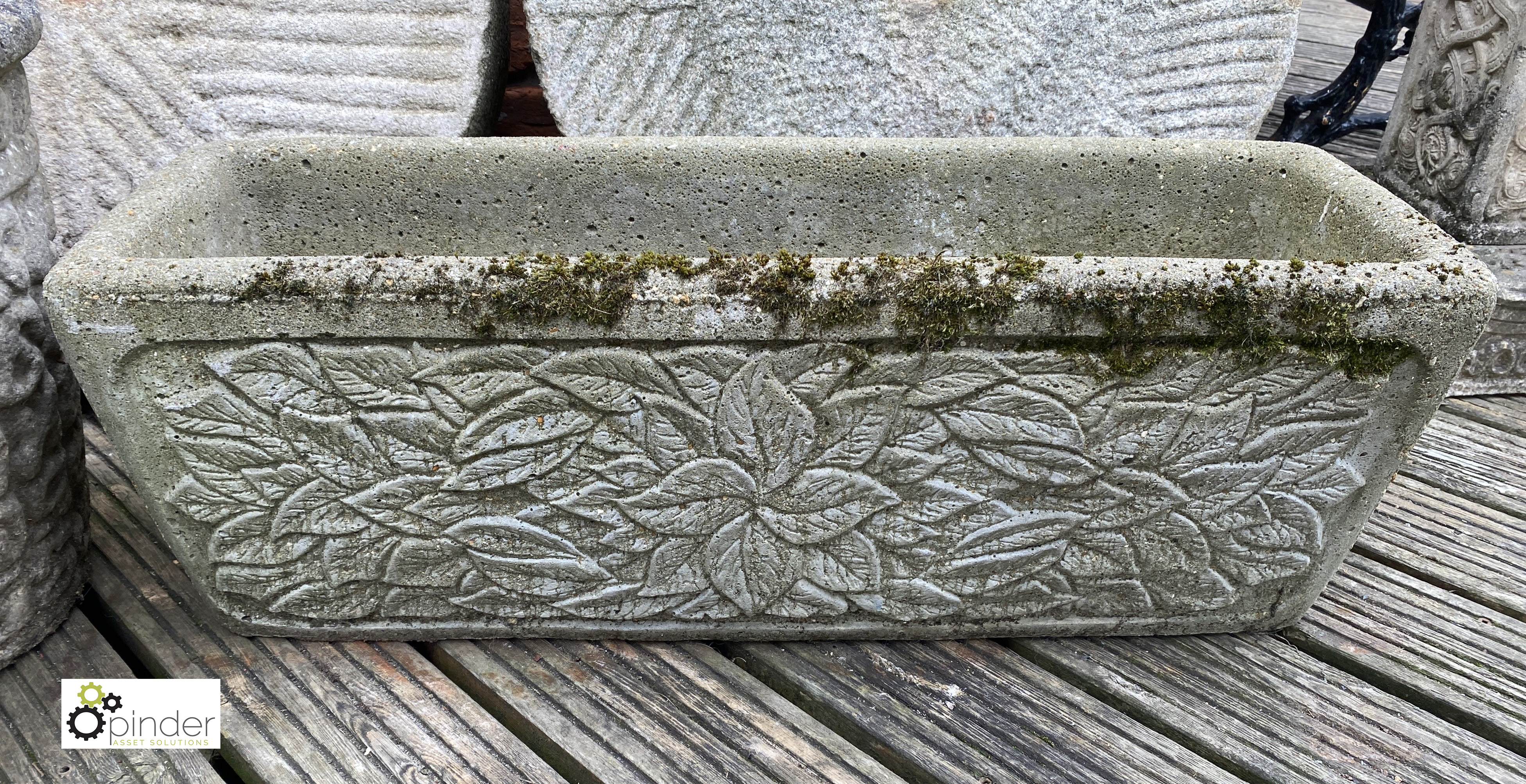 A reconstituted stone rectangular Window Planter, with flora motif, 10in high x 10in wide x 30in