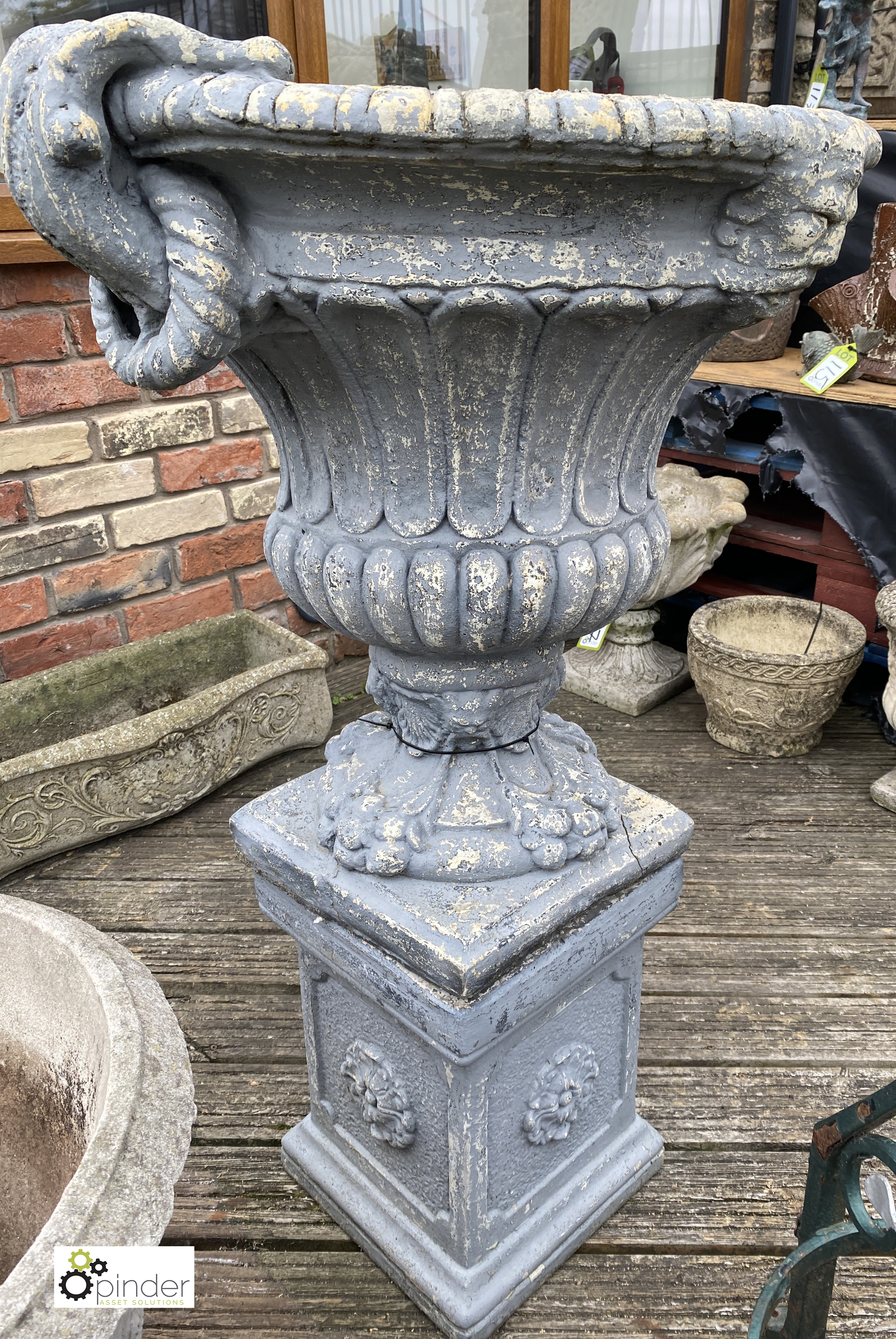 A reconstituted stone Campania Urn on plinth, with fluted and classical decoration, 44in high x 26in - Image 4 of 7