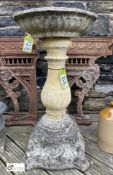 A reconstituted stone Bird Bath, with fluted balustrade column and classical decoration, 32in high x