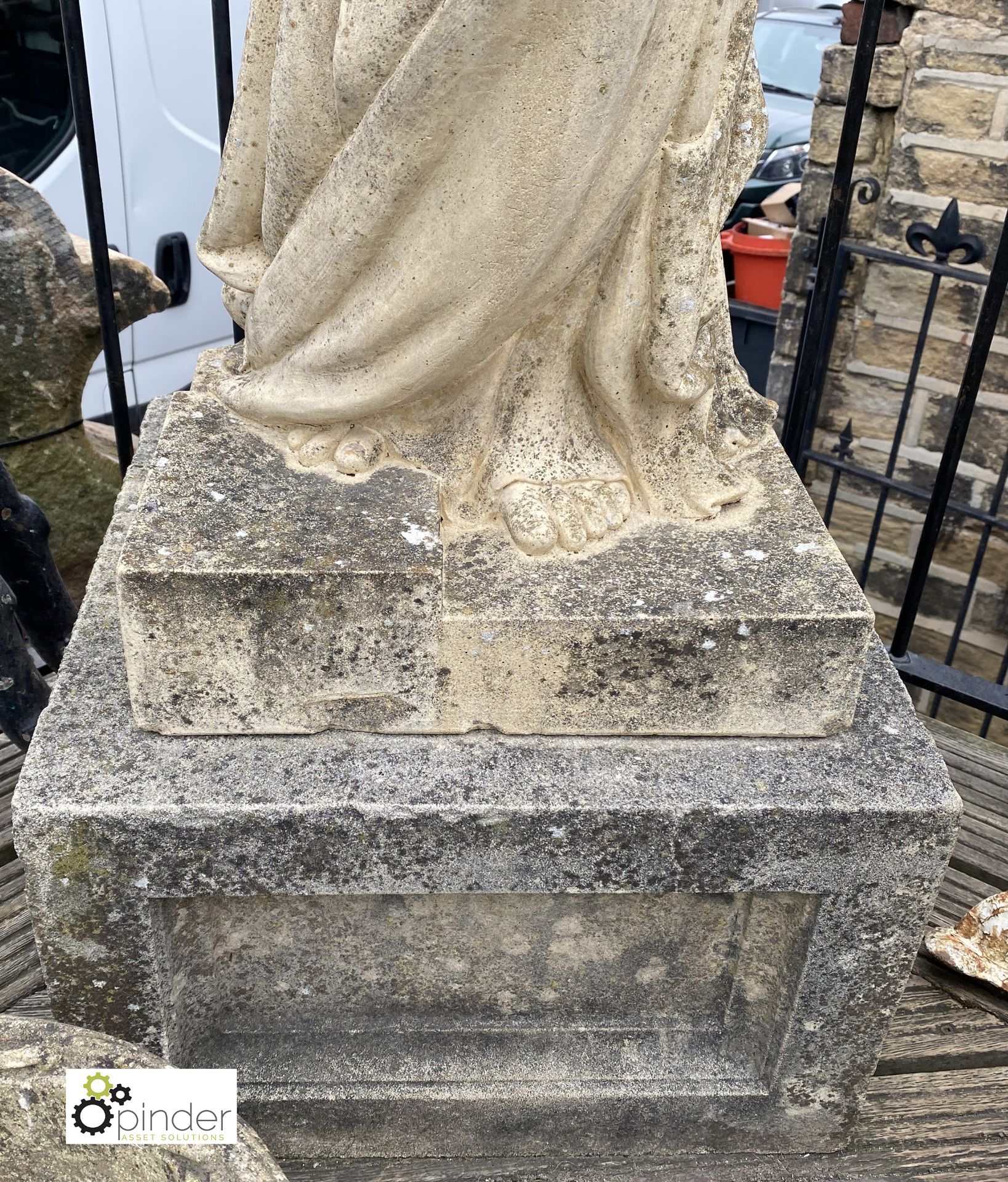 A reconstituted stone Statue on plinth of classical figure ‘Pandora’, 68in high - Image 4 of 6