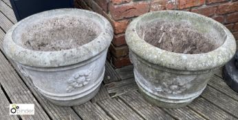 A pair large reconstituted stone Box Tree Planters, with rose decoration, 17in high x 22in diameter