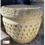 A round reconstituted Cotswold Stone lattice work Planter, 12in high x 12in diameter