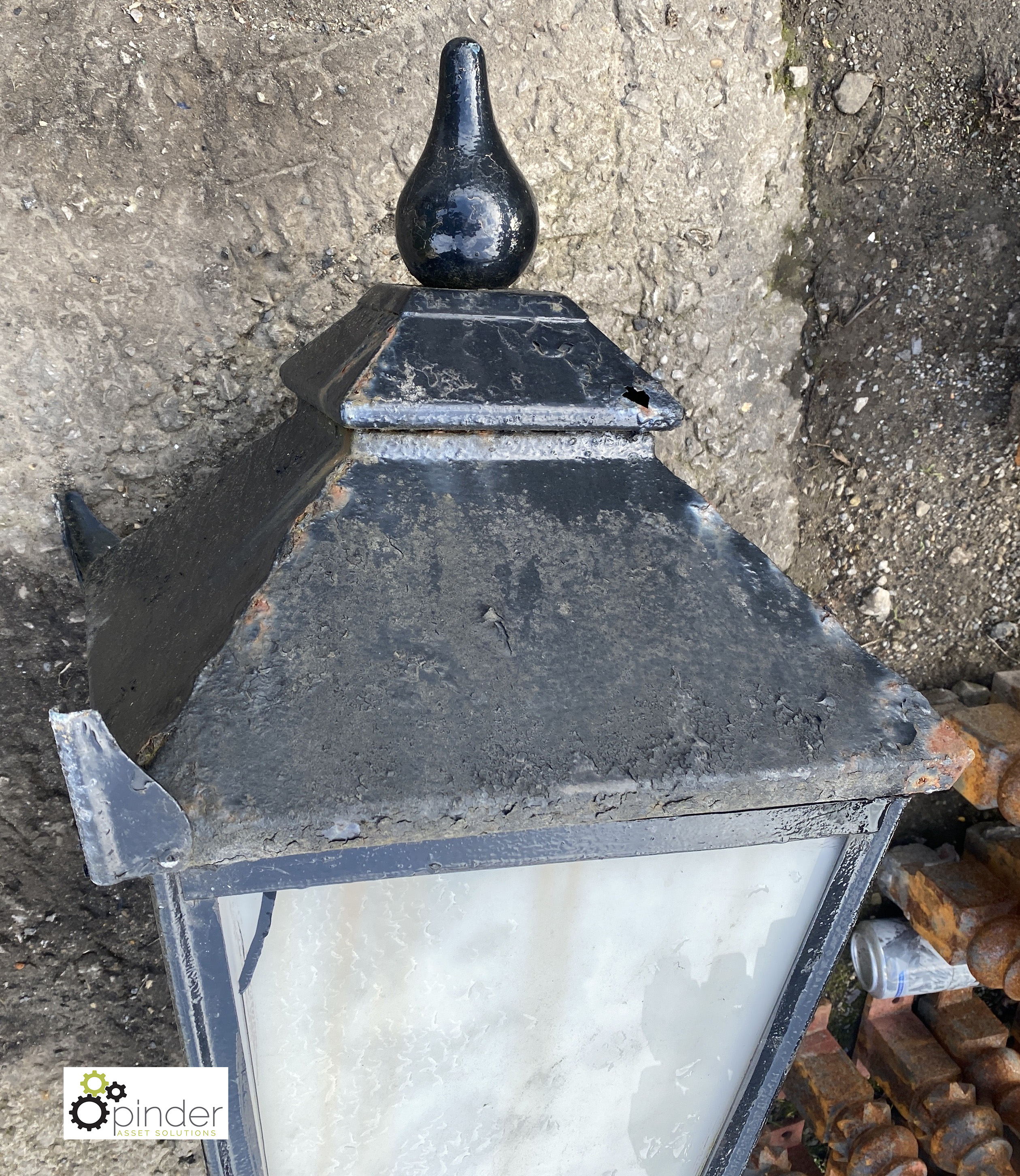 A vintage metal Pub Lantern, on decorative scroll brackets, 36in high x 14in x 14in - Image 5 of 6