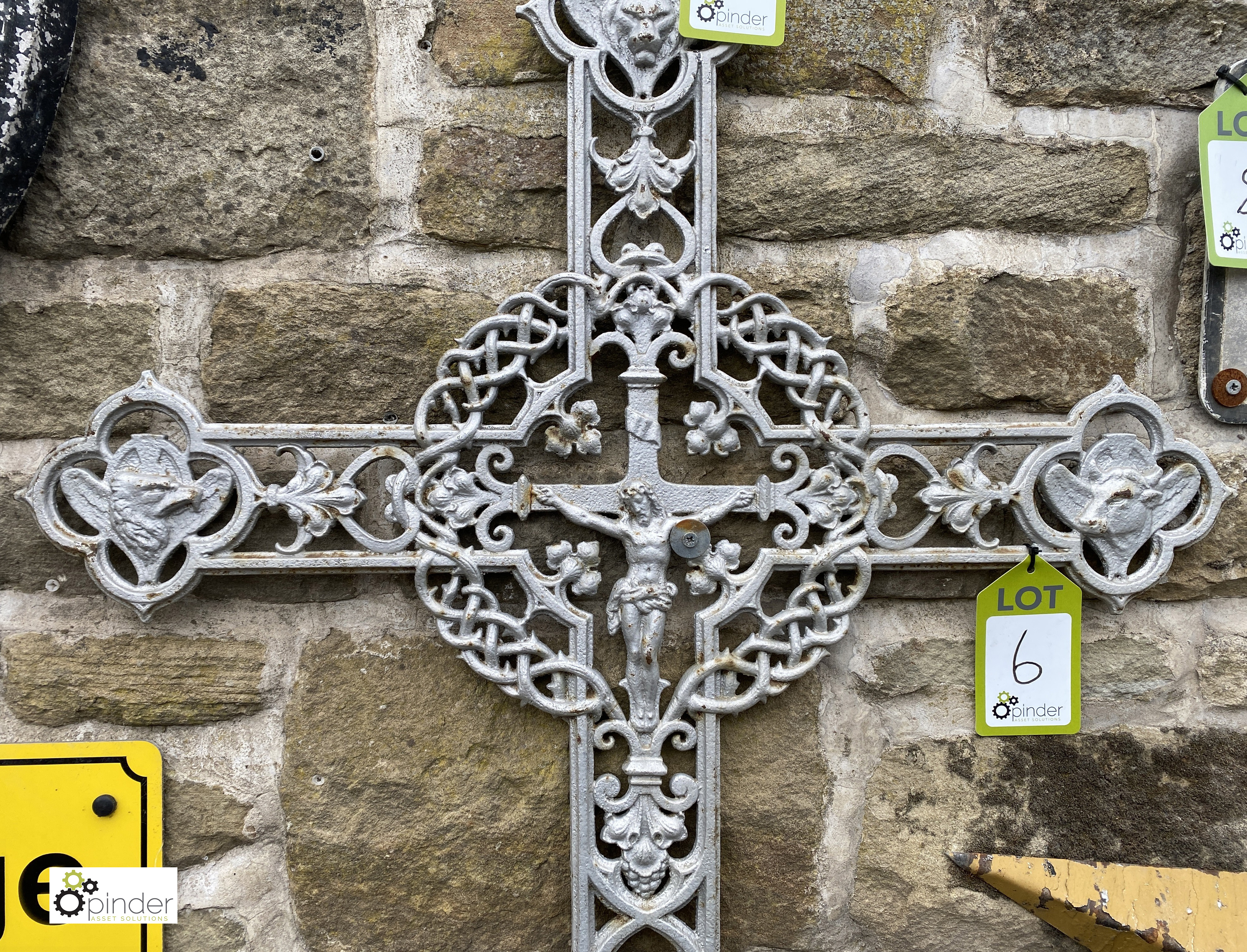 An antique decorative cast iron Crucifix, with an eagles head, lion and ox surrounded by Jesus, in a - Image 4 of 6