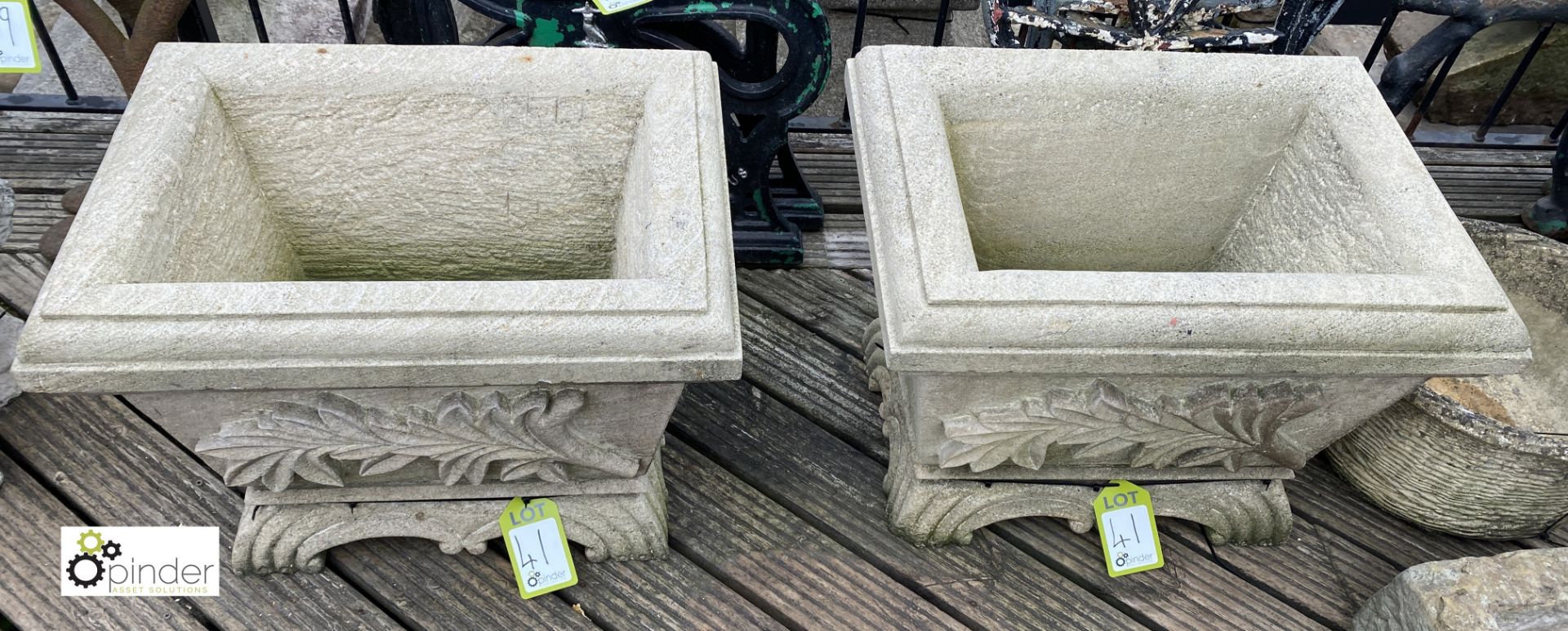 A pair hand carved Gritstone Planters, with decorative foliage design, 18in high x 24in wide x - Image 2 of 5