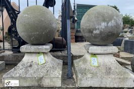 A pair antique original carved Stone Balls on plinths, ball diameter 16in, 29in high with base, 19in