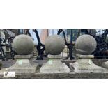 3 antique original carved Stone Balls on plinths, ball diameter 16in, 28in high with base, 19.5in