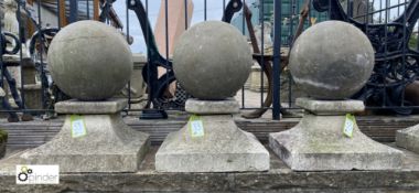 3 antique original carved Stone Balls on plinths, ball diameter 16in, 28in high with base, 19.5in