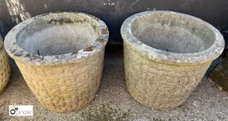 A pair round reconstituted stone Planters, with rustic decoration, circa 1900s, 14in high x 17in