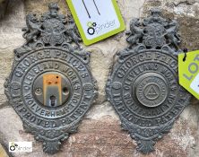 2 bronze Victorian Plaques, removed from a bank vault, maker’s mark ‘George Price’s Cleveland Works,