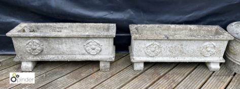 A pair rectangular reconstituted stone Window Planters, with rose motif on bracket feet, 12in high x