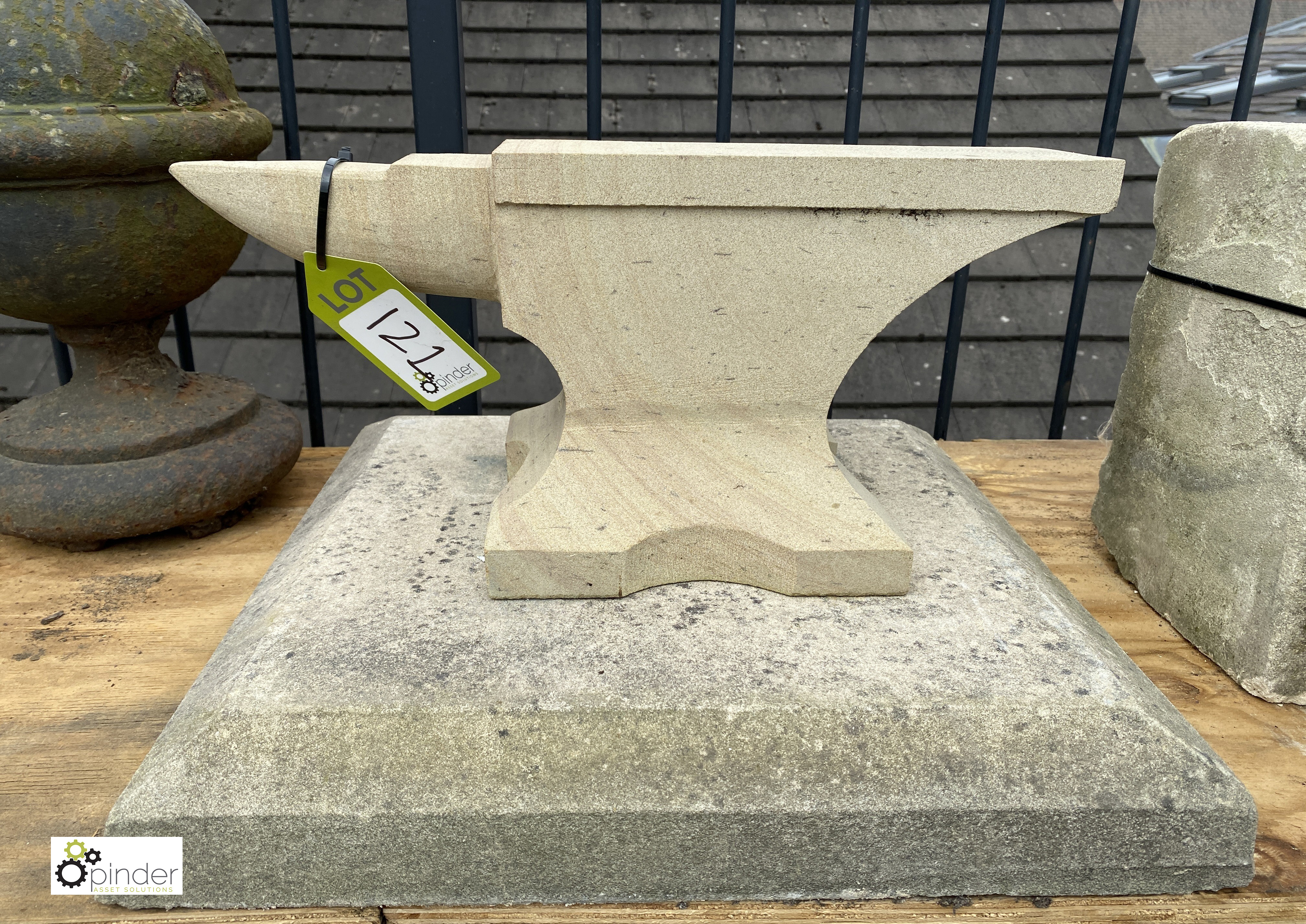 A pair hand carved Yorkshire Stone Anvil Pier Caps on plinths, 12in high x 19in x 19in - Image 4 of 6