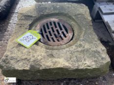 A Victorian Yorkshire Stone Drain Gully, with cast iron grate, 5in high x 16in x 16in