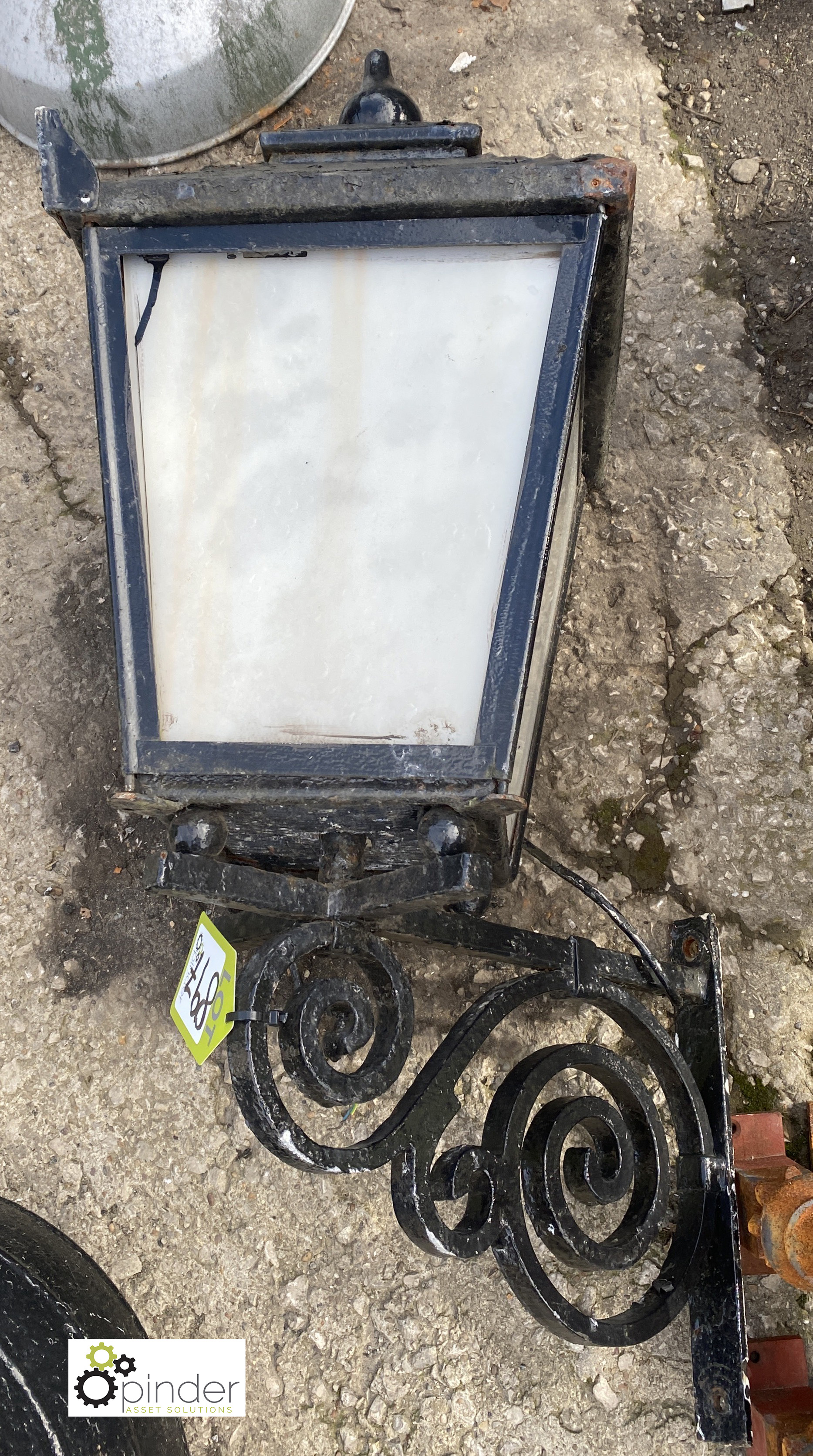 A vintage metal Pub Lantern, on decorative scroll brackets, 36in high x 14in x 14in