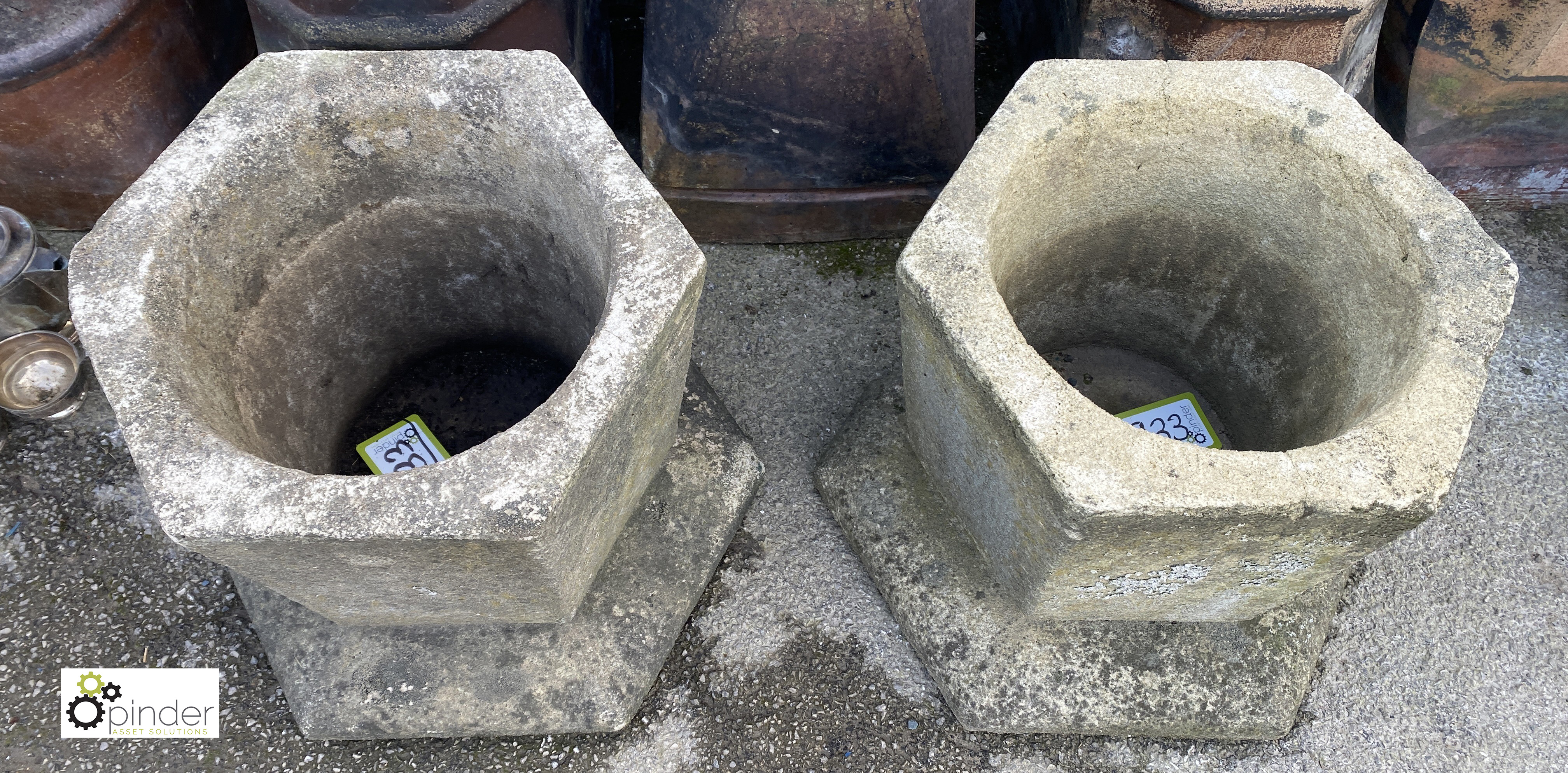 A pair hexagonal reconstituted stone Art Deco Planters, from Burtons Tailors Factory, Burmantofts, - Image 3 of 6