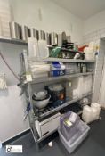 Contents to rack including Wine Coolers, Sieves, Plastic Tubs, Sauce Bottles, Lids, Ladles, Tongs,