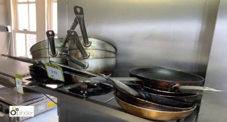 15 various Frying Pans to shelf and fridge roof