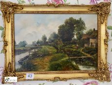 Oil on canvas ‘River Scene’, with gilt frame, 610mm x 455mm