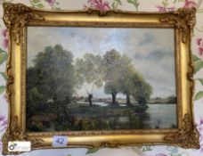 Oil on canvas ‘River Scene’, with gilt frame, 610mm x 455mm