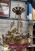 A period brass cherub coloured glass Light Fitting, 450mm x 350mm diameter