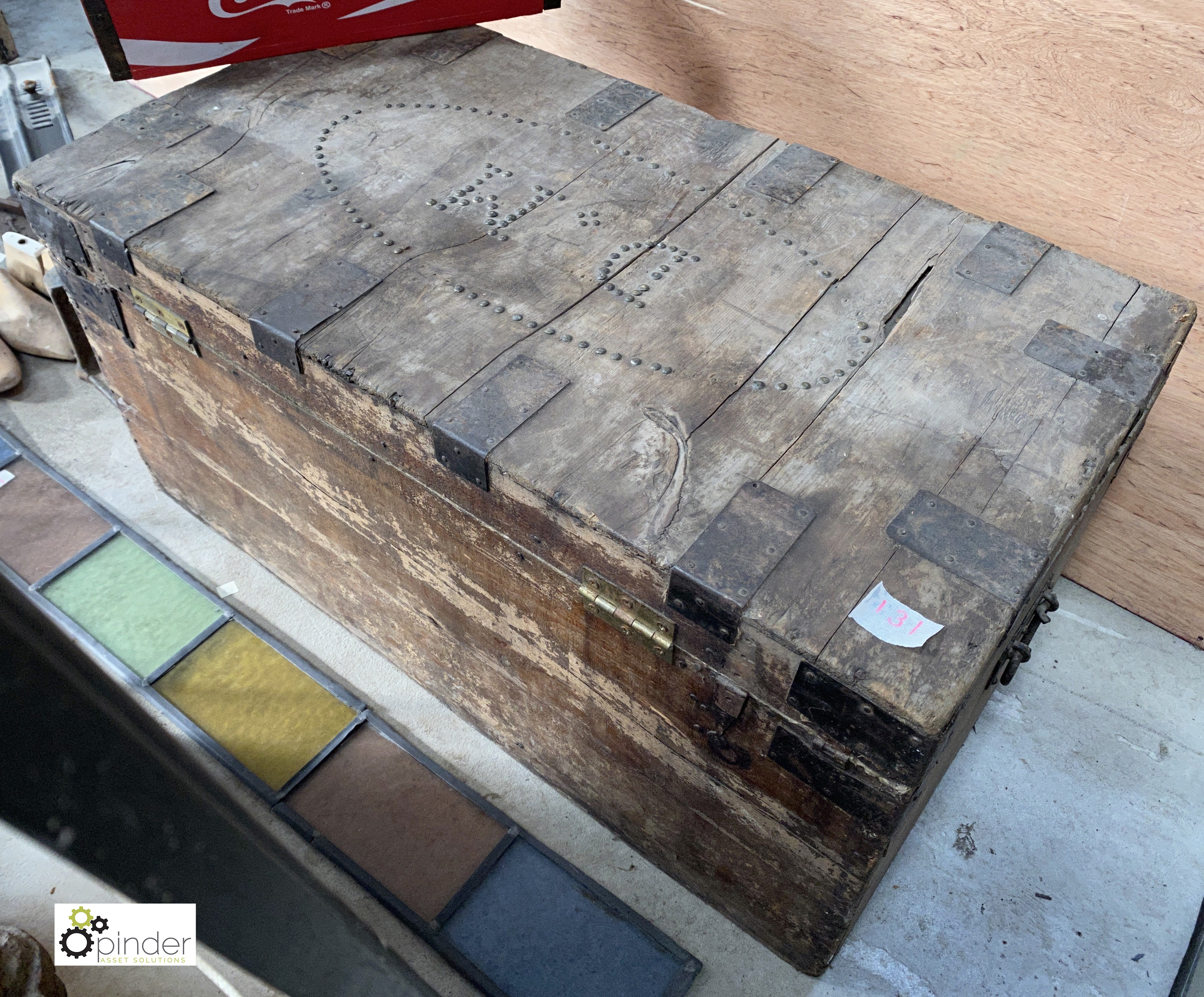 A wooden Campaign Chest, with cast hinges and strapping, 440mm high x 910mm long x 490mm deep - Image 3 of 8