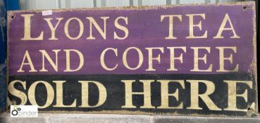 A hand painted vintage Sign ‘Lyons Tea & Coffee Sold Here’ on timber, 480mm high x 1100mm wide