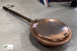 A copper Bed Pan, with timber handle, 900mm long