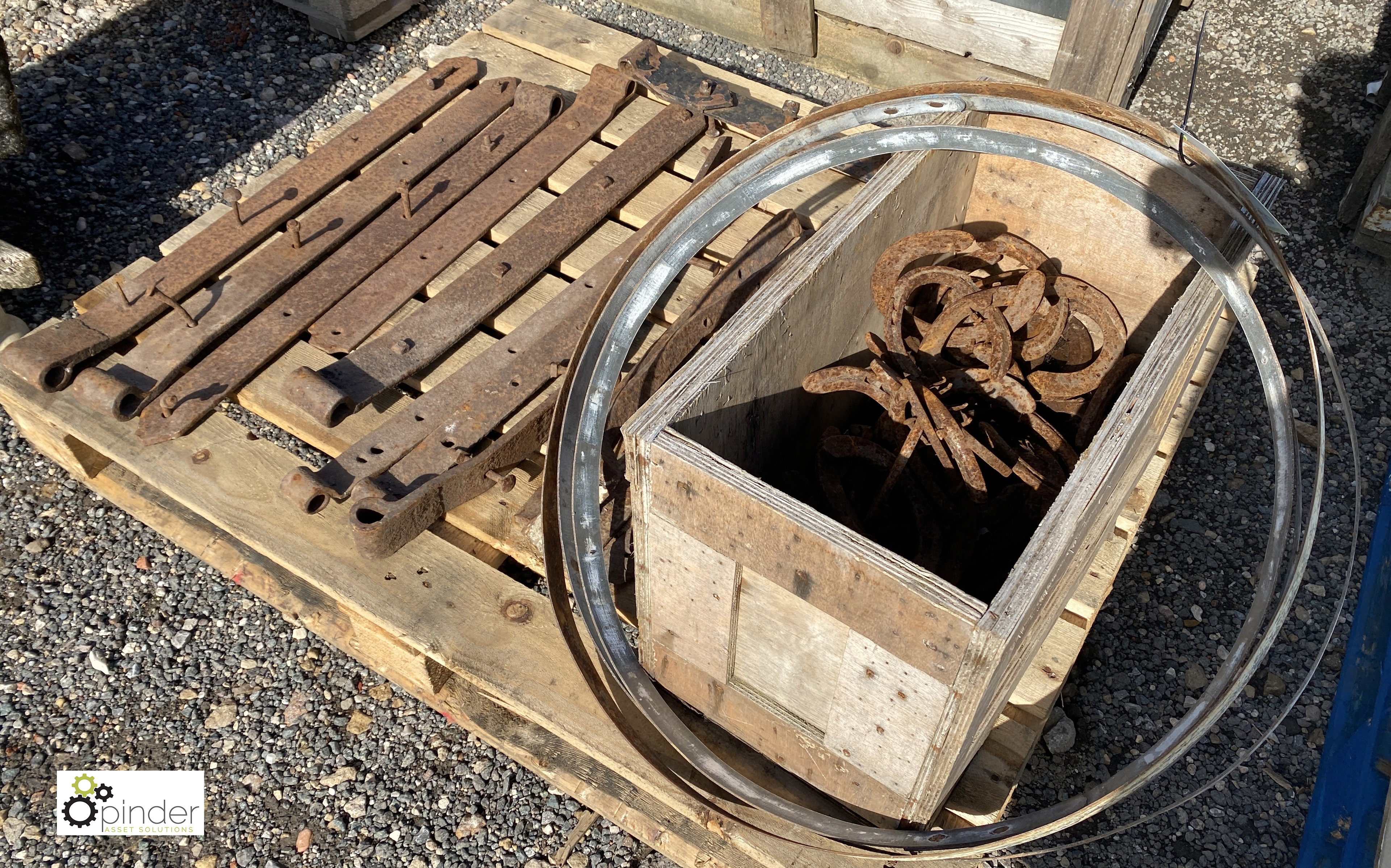 A quantity cast iron Door Straps and box Horseshoes