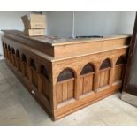 L shaped Bar with rear storage recrafted from church pitch pine panels with hardwood bar tops, 3.22m