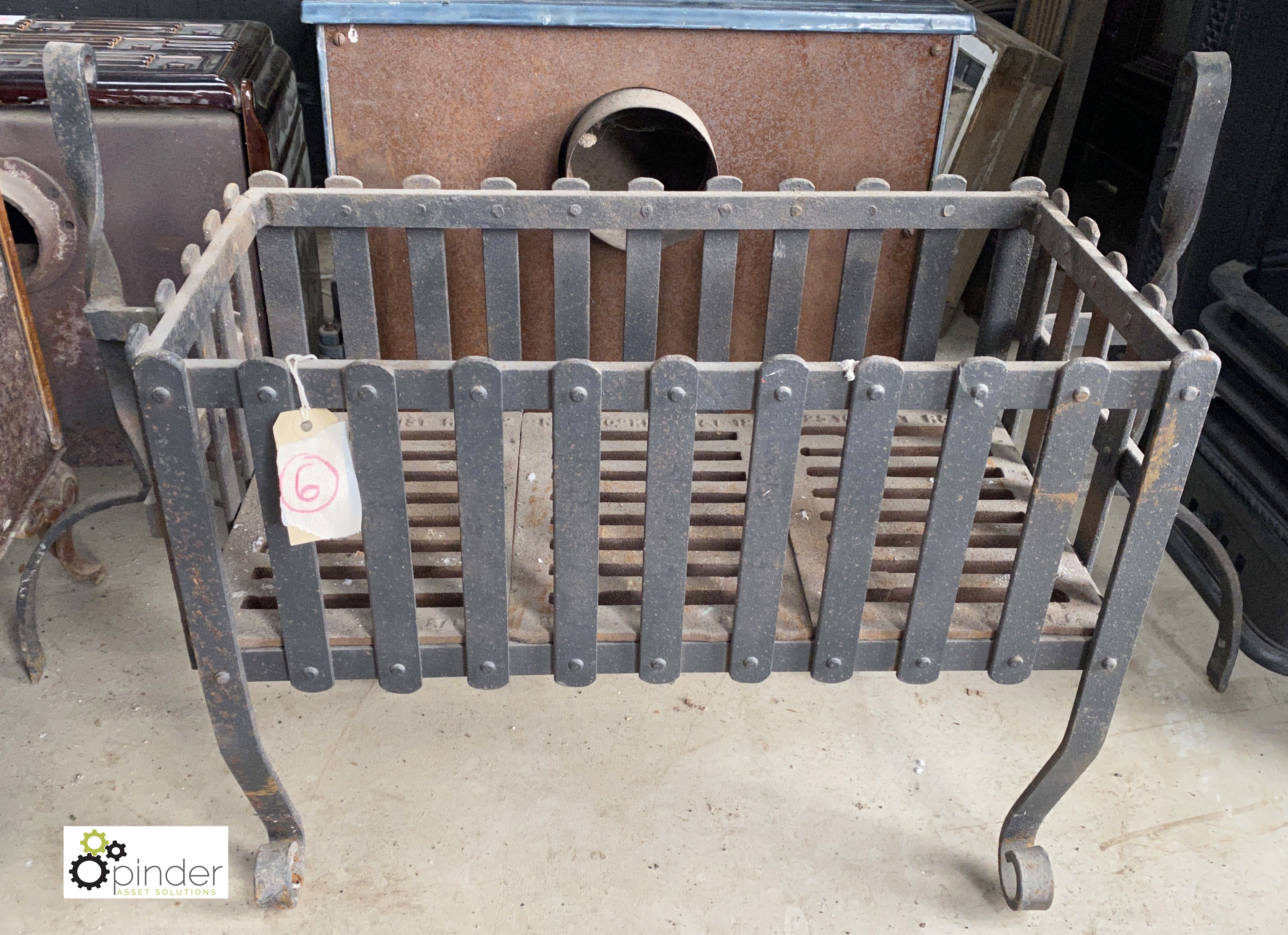 A wrought iron handmade large Fire Basket, with dogs, basket 280mm x 570mm x 230mm, overall height