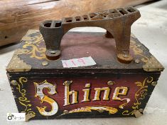 A period hand painted Gypsy Caravan Shoe Shine Box, with cast shoe rest, 200mm high x 150mm wide x