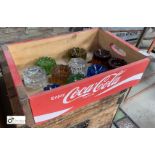 A Coca Cola wooden Tray, 470mm x 320mm x 130mm, and selection coloured glass Piano Coasters, 80mm