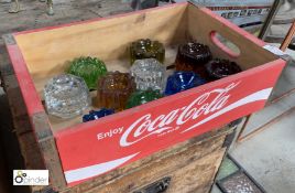 A Coca Cola wooden Tray, 470mm x 320mm x 130mm, and selection coloured glass Piano Coasters, 80mm