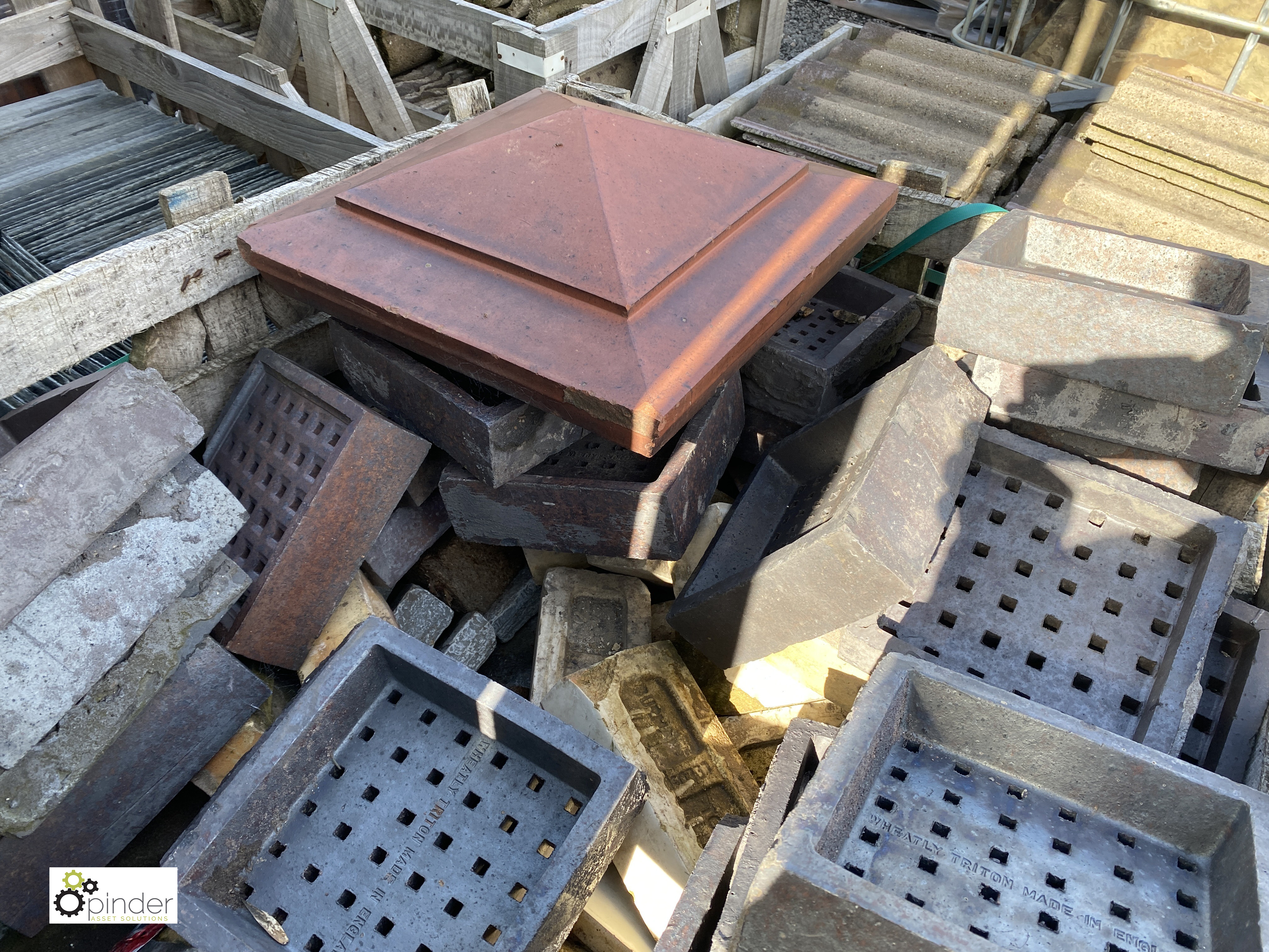 A quantity red clay Pier Caps, reclaimed blue Air Bricks and stone Setts, to crate - Image 4 of 7