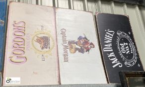 3 printed reproduction Drinks Signs ‘Jack Daniels’, ‘Gordons’, ‘Captain Morgan’, on plastic, 500mm