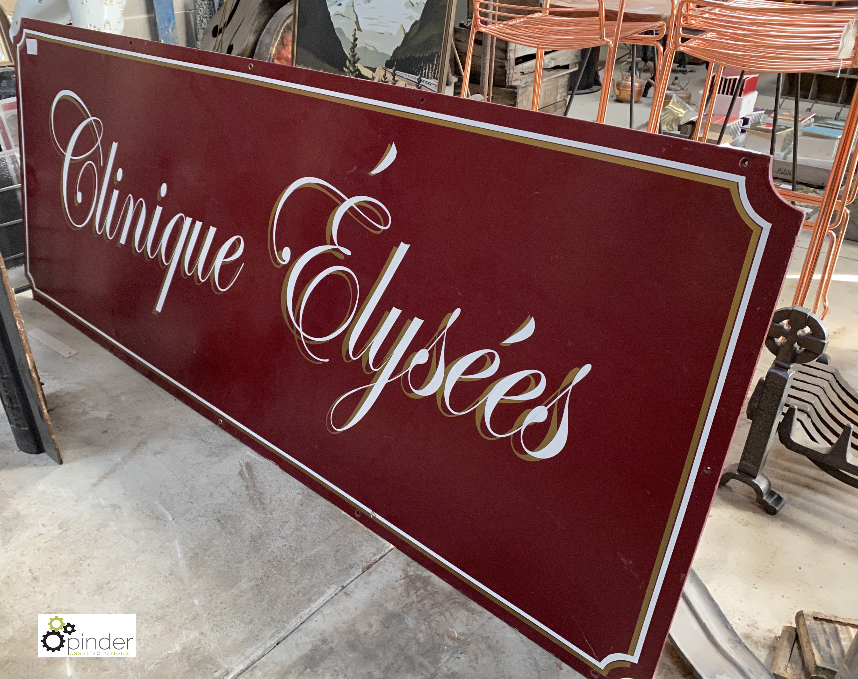 A wooden painted French Advertising Sign ‘Clinique Elysees’, 800mm high x 2010mm long