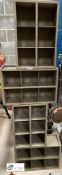 4 salvaged metal pigeon hole Post Office Sorting Shelves, each 510mm high x 340mm wide x 190mm deep