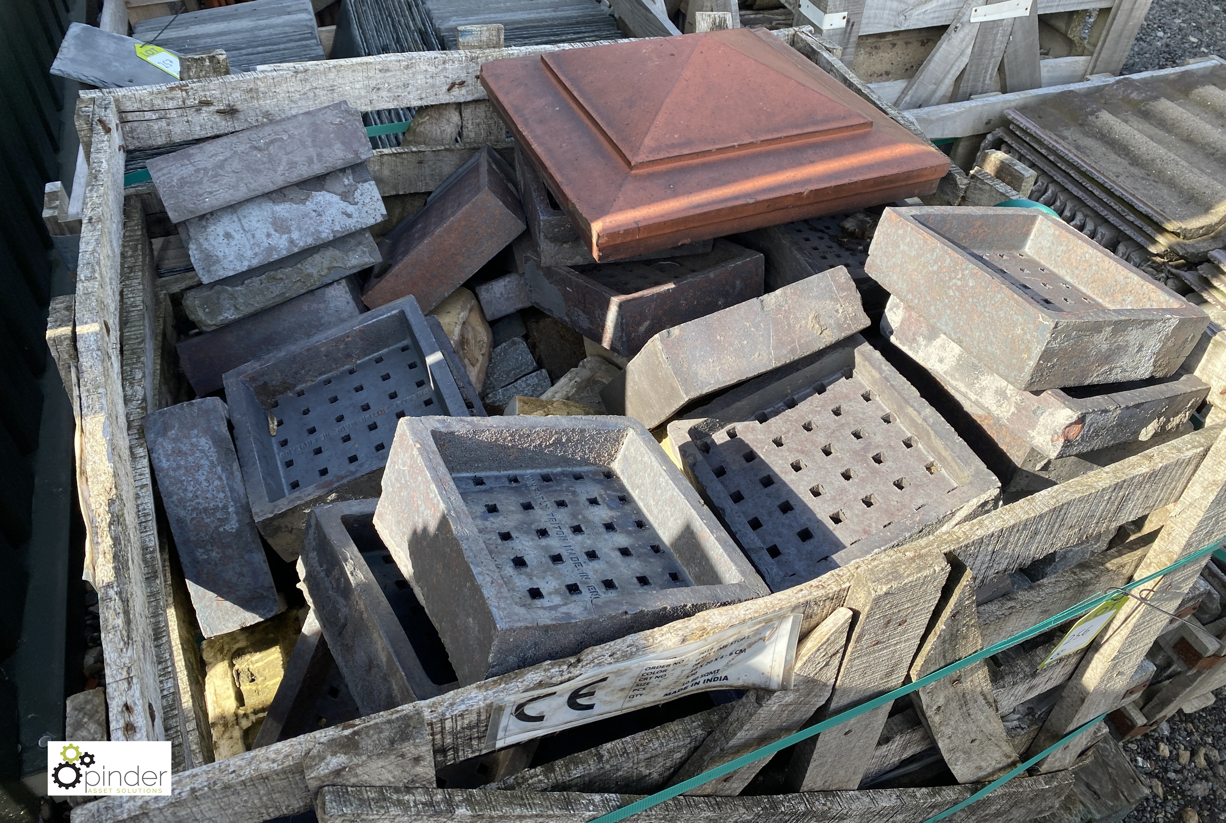 A quantity red clay Pier Caps, reclaimed blue Air Bricks and stone Setts, to crate - Image 2 of 7