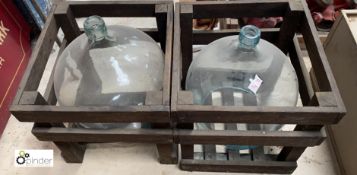 A pair Dutch spherical Glass Flasks, with wooden frames, glass 340mm diameter, boxes 400mm x 400mm