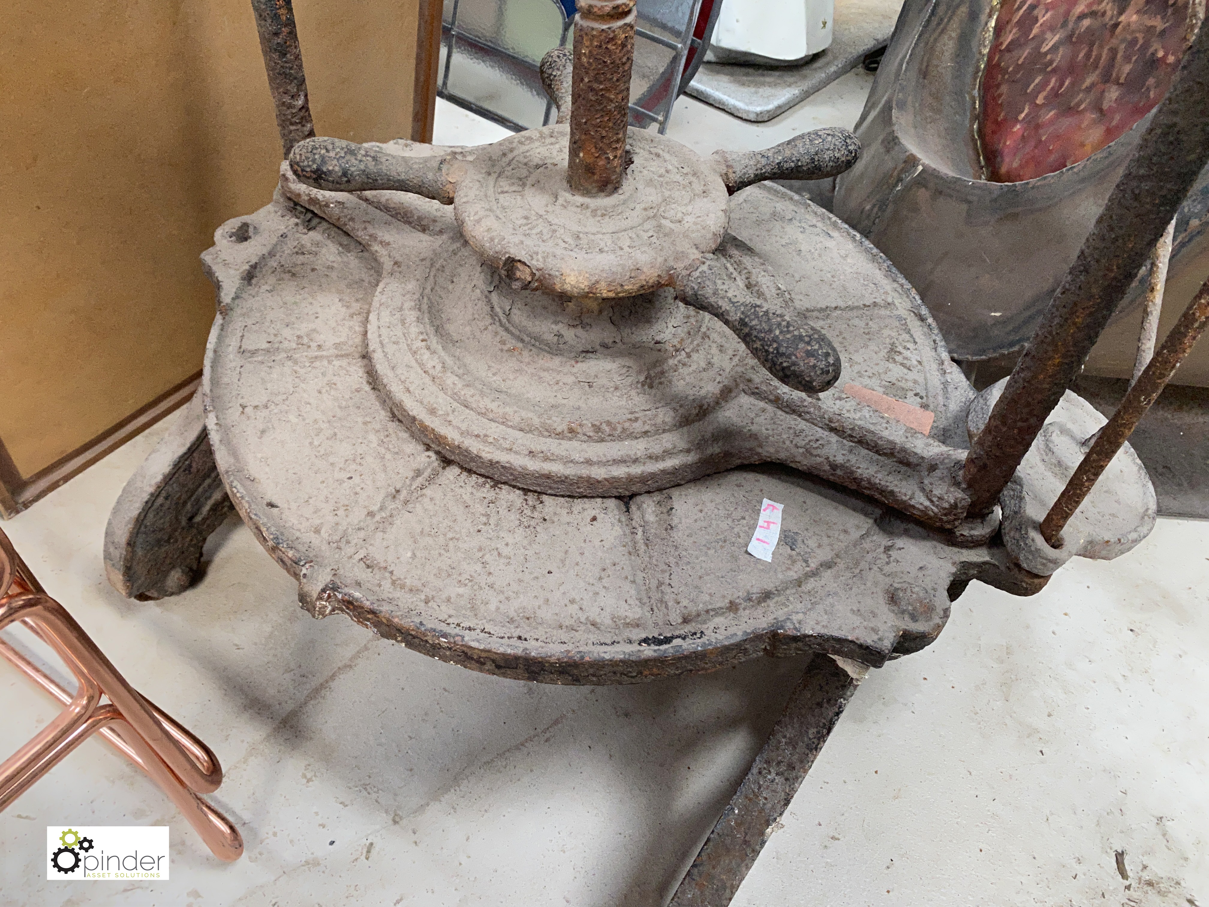 A cast iron Victorian Cheese Press, with cast plaque, 1850mm high x 770mm wide x 770mm deep (damaged - Image 5 of 7