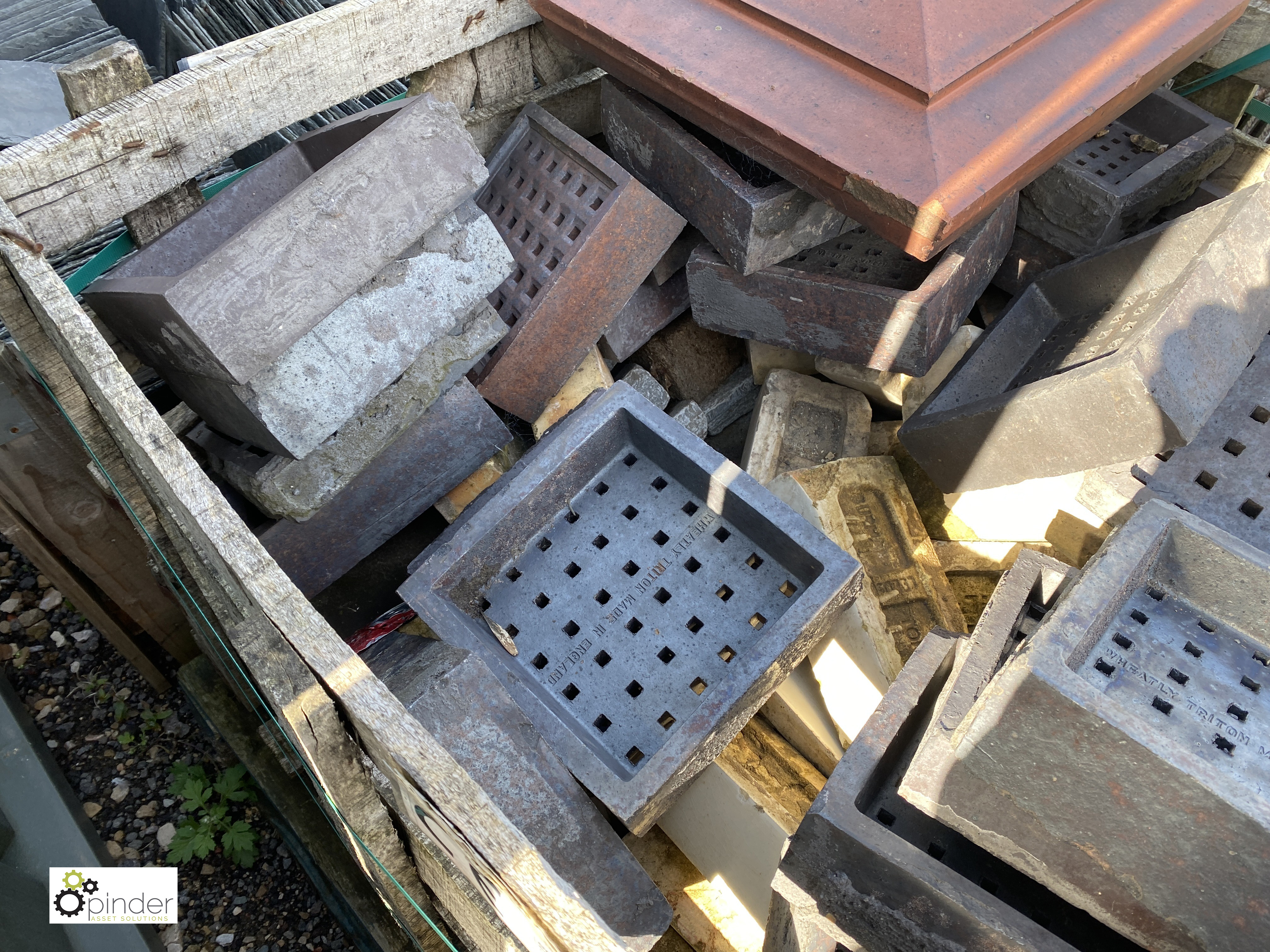 A quantity red clay Pier Caps, reclaimed blue Air Bricks and stone Setts, to crate - Image 3 of 7