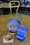 Nylon Band Strapper comprising tensioner, cleat crimper, trolley, 2 rolls nylon strapping and