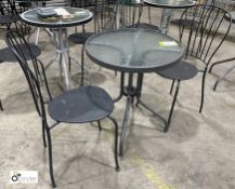 Glass top circular Café Table, 595mm diameter, with 2 tubular café chairs