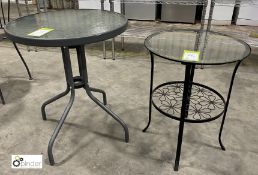 Glass top circular Café Table, 595mm diameter and glass top circular Side Table, 480mm diameter