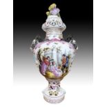 A Large Impressive Dresden Hand Painted Vase & Cover With Encrusted Top And Rams Head Handles